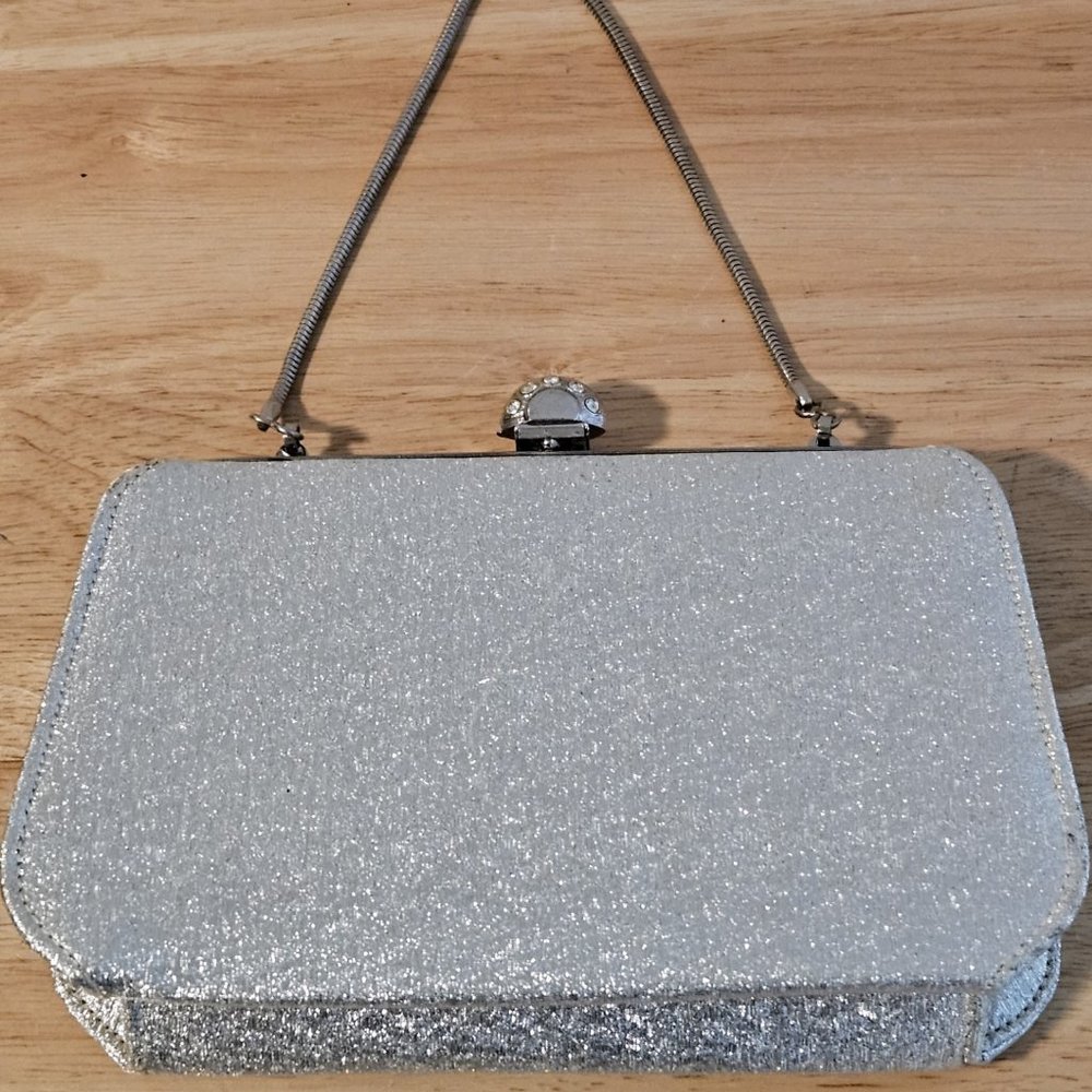 Small Silver Sparkle Evening Wear Handbag Clutch Purse Rhinestone Closure